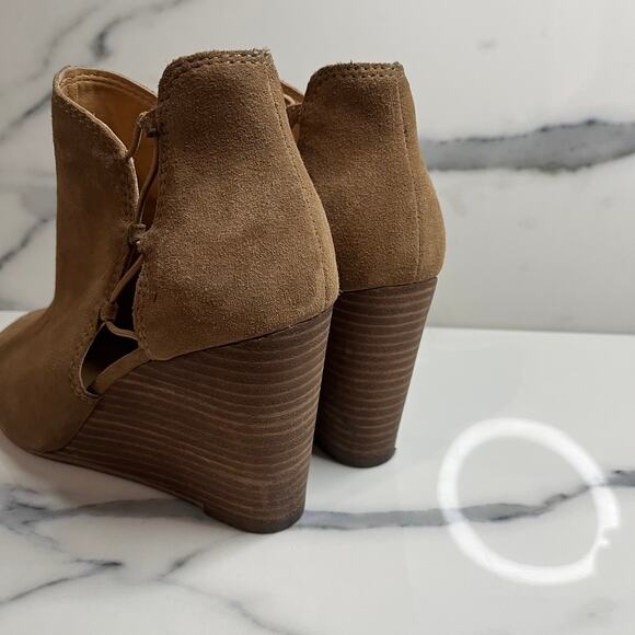 Lucky Brand | Women's Brown Leather Peeptoe Reevas Wedge Booties Sz 8.5 - Picture 5 of 8